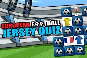 EUROPEAN FOOTBALL JERSEY QUIZのタイトルとサッカージャージのイラストが描かれたゲーム画面。