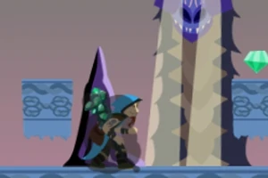 青いフードをかぶったキャラクターが、紫色の大きなドラゴンと緑色の宝石があるステージに立っている。
