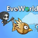骸骨を持ったキャラクター、飛んでいる茶色と青色の鳥、蜘蛛の巣の上に蜂がいる青空の背景。