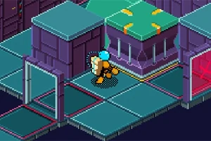 サイバーパンク風の建物の中を歩いている青いヘルメットをかぶったキャラクター。