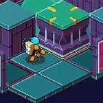 サイバーパンク風の建物の中を歩いている青いヘルメットをかぶったキャラクター。