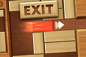 木製のブロックが並ぶパズルの中に、「EXIT」と書かれた出口へ向かう矢印。
