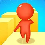 赤いキャラクターが黄色いブロックの階段を登っているイラスト。