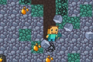 ピクセルアート風のキャラクターが石と緑のブロックに囲まれた地下通路に立っている。