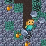 ピクセルアート風のキャラクターが石と緑のブロックに囲まれた地下通路に立っている。