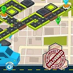 青いトラックが地図上の道路を走行し、配達のスタンプが押されている。