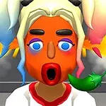カラフルな髪型をしたキャラクターが驚いた表情で、口に唐辛子をくわえている。