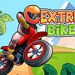 赤いバイクに乗ったオレンジ色のヘルメットをかぶったライダーがジャンプしている姿と、「EXTREME BIKERS」とカラフルな文字が描かれている背景に森と山があるイラスト。