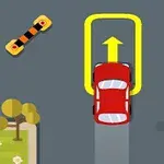 赤い車が道路で進行方向を示す黄色い矢印に従っている様子。