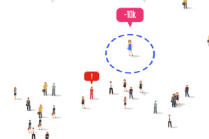 散在する人物イラストの中央に、青い点線の円で囲まれた人物と赤い吹き出しに「-10k」のテキスト。