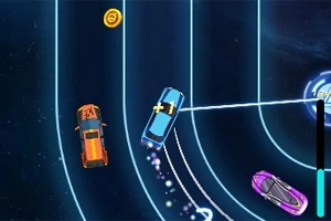 青い背景に曲線上の線が引かれた上を走行する青、オレンジ、紫の車とコイン。