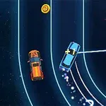 青い背景に曲線上の線が引かれた上を走行する青、オレンジ、紫の車とコイン。