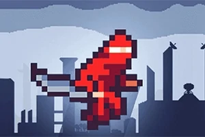 赤いピクセルアートのキャラクターが都市のシルエットを背景に飛び跳ねている。