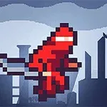 赤いピクセルアートのキャラクターが都市のシルエットを背景に飛び跳ねている。
