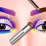 多様なメイク道具を使って、カラフルなアイメイクが施された目元。