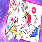 カラフルな背景にノートが開き、ユニコーンやレインボー、絵の具パレットが描かれたイラスト。
