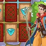 魔法の杖を持つ男性がカードの前に立つイラスト。