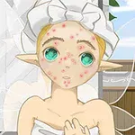 エルフのキャラクターがニキビのある顔で画面を見つめている。