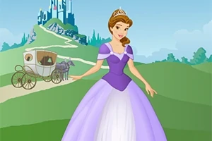紫のドレスを着た王女が馬車と城を背景に立っているイラスト。