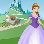 紫のドレスを着た王女が馬車と城を背景に立っているイラスト。