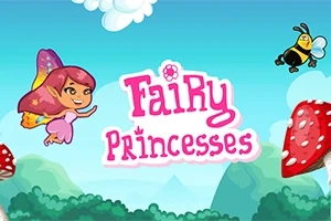 ピンクのドレスを着た妖精が空を飛び、赤いキノコと蜂が背景にある青空の中に描かれている。