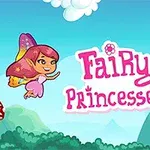 ピンクのドレスを着た妖精が空を飛び、赤いキノコと蜂が背景にある青空の中に描かれている。