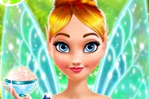 妖精のようなキャラクターが背景に輝く緑色の羽を持ち、髪をアップにしてボウルを持っている。