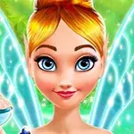 妖精のようなキャラクターが背景に輝く緑色の羽を持ち、髪をアップにしてボウルを持っている。
