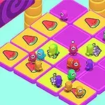 カラフルなキャラクターたちが紫色と黄色のパネルが並んだステージに集まっている。