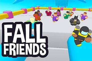 カラフルなコスチュームを着たキャラクターたちが広場を走り回っている様子と「FALL FRIENDS」の文字。