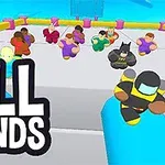 カラフルなコスチュームを着たキャラクターたちが広場を走り回っている様子と「FALL FRIENDS」の文字。