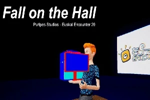 赤い髪のキャラクターが青と赤の立方体を持ち、暗い背景に「Fall on the Hall」の文字が表示されている。