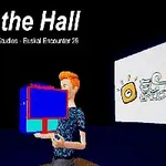 赤い髪のキャラクターが青と赤の立方体を持ち、暗い背景に「Fall on the Hall」の文字が表示されている。