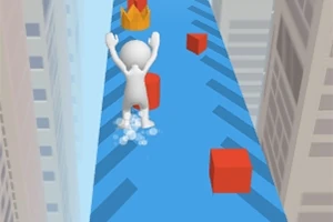 青い道を走る白いキャラクターが赤い立方体を避けている。