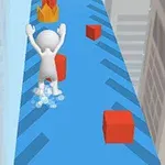 青い道を走る白いキャラクターが赤い立方体を避けている。