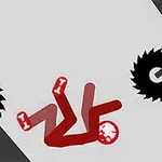 灰色の背景に、赤いスティックフィギュアが転倒しており、周囲に鋸刃とスパイクがある。