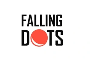 白い背景に黒い「FALLING DOTS」というテキストと赤い丸のロゴ。