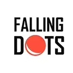 白い背景に黒い「FALLING DOTS」というテキストと赤い丸のロゴ。
