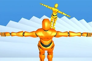 オレンジ色のロボットが青空の下で階段上に並んで立っている様子。