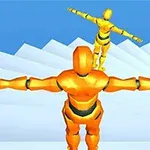 オレンジ色のロボットが青空の下で階段上に並んで立っている様子。
