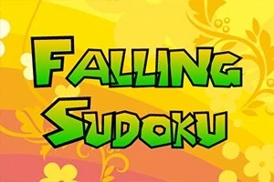 黄色とオレンジの花模様の背景に緑色の文字で「FALLING SUDOKU」と書かれているデザイン。