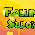 黄色とオレンジの花模様の背景に緑色の文字で「FALLING SUDOKU」と書かれているデザイン。