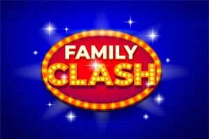 青い背景に星が輝き、中央に赤い楕円形の中に「FAMILY CLASH」と書かれた画像。