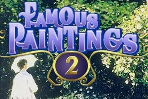 緑豊かな葉の前に立つ白い服を着た女性と「Famous Paintings 2」という文字。