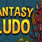 ファンタジーの鎧を着た戦士と赤い悪魔がタイトルの両側に描かれたカラフルなゲームのロゴ。