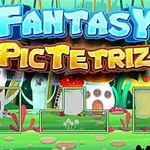 カラフルなキノコや家が描かれたファンタジー風景のイラスト。