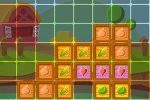 農場の背景に、野菜のアイコンが描かれたブロックが積み重なっている。
