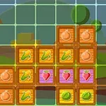 農場の背景に、野菜のアイコンが描かれたブロックが積み重なっている。