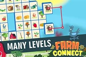 青い背景に、さまざまな農場のアイコンが並んでいるパズルボードと「MANY LEVELS FARM CONNECT」というテキストが描かれています。