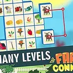 青い背景に、さまざまな農場のアイコンが並んでいるパズルボードと「MANY LEVELS FARM CONNECT」というテキストが描かれています。